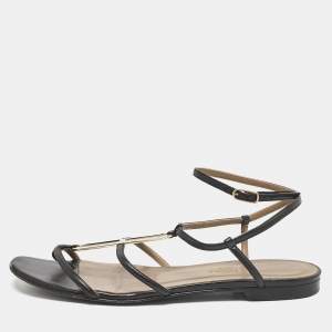 Hermès Black Leather Strappy Flat Sandals Size 37