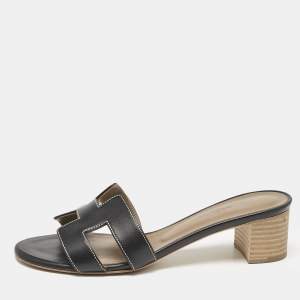 Hermes Black Leather Oasis Slide Sandals Size 37
