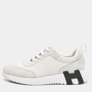 Hermes Grey/White Fabric and Suede Bouncing Low Top Sneakers Size 37