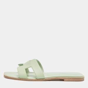 Hermes Green Leather Oran Slide Sandals Size 38.5