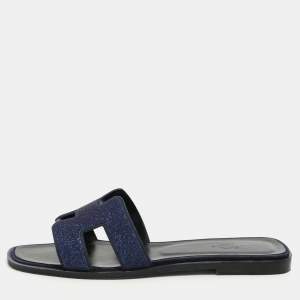 Hermes Blue Crystal Embellished Leather Oran Sandals Size 38