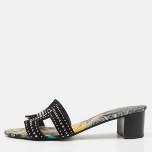 Hermes Black Suede Studded Oasis Slide Sandals Size 40