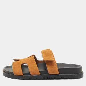 Hermes Brown Suede Chypre Flat Sandals Size 37