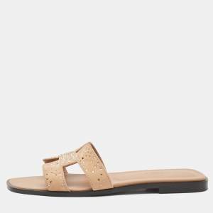 Pre Owned Hermes Beige Suede Oran Crystals Flat Slides Size 38