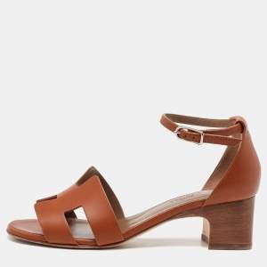 Pre Owned Hermes Brown Leather Encens Ankle Strap Sandals Size 36