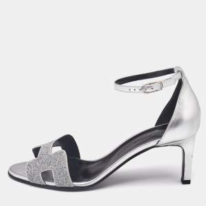 Hermès Silver Leather and Glitter Premiere Sandals Size 39