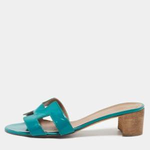 Hermes Green Patent Leather Oasis Slide Sandals Size 40