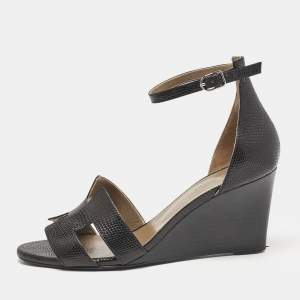 Hermes Black Lizard Legend Wedge Sandals Size 39
