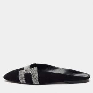  Hermes Black/Silver Suede and Crystal Roxane Flat Mules Size 36.5