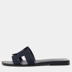 Hermes Blue Denim Oran Flat Slides Size 37.5