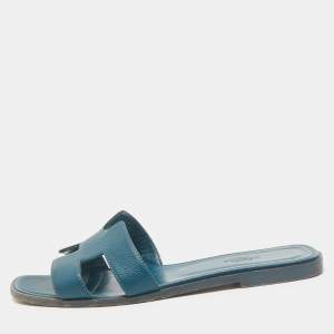 Hermes Teal Leather Oran Flat Slides Size 39.5