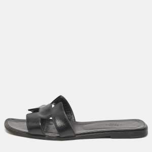Hermes Black Patent Leather Oran Flat Slides Size 39.5