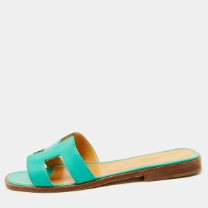 Hermes Turquoise Blue Leather Oran Flat Slide Sandals Size 36.5