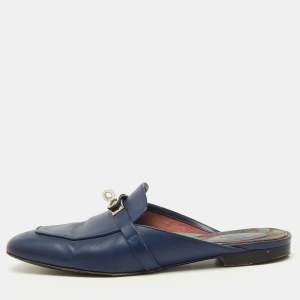 Hermes Navy Blue Leather Oz Flat Mules Size 39.5