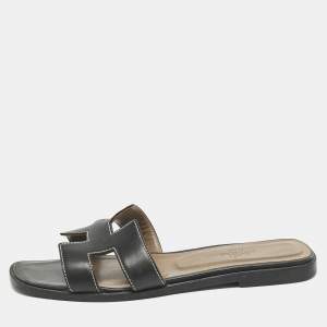 Hermes Black Leather Oran Flat Sandals Size 37.5