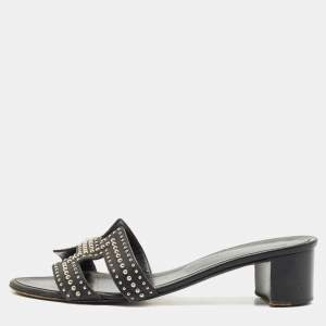 Hermes Black Leather Studded Oasis Block Heel Sandals Size 39