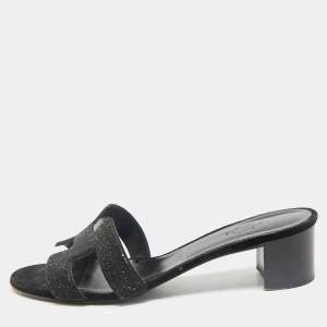 Hermes Black Glitter Suede Oasis Slide Sandals Size 38.5