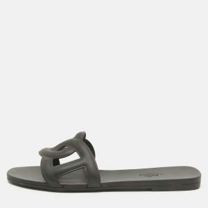 Hermes Black Rubber Aloha Flat Slides Size 38