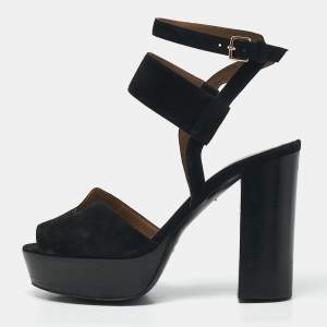 Hermes Black Suede Ankle Strap Platform Sandals Size 38