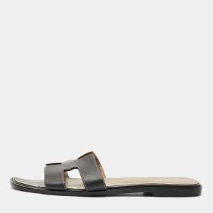 Hermes Black Leather Oran Flat Slides Size 40