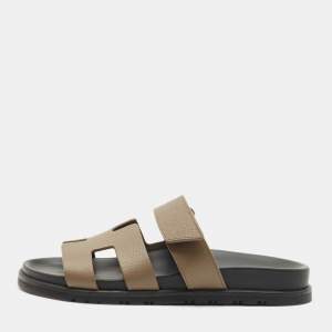Hermes Grey Leather Chypre Sandals Size 37