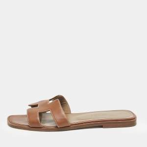 Hermes Brown Leather Oran Sandals Size 37.5