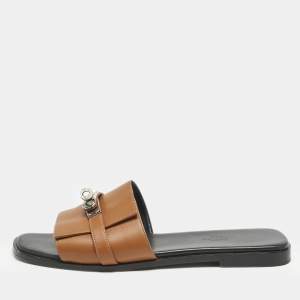 Hermes Brown Leather Giulia Flat Slides Size 39