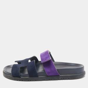 Hermes Navy Blue/Purple Suede Chypre Sandals Size 38
