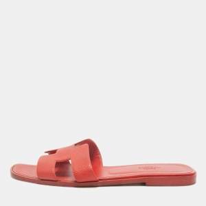 Hermes Orange Leather Oran Flat Slide Sandals Size 39