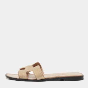 Hermes Beige Crystal Suede Oran Flat Slide Sandals Size 39
