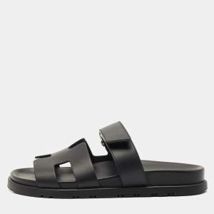 Hermes Black Leather Chypre Sandals Size 37.5
