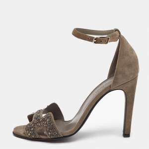 Hermes Grey Suede and Crystal Embellished Premiere Sandals Size 37