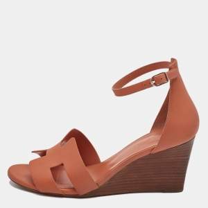 Hermes Orange Leather Legend Wedge Sandals Size 38.5