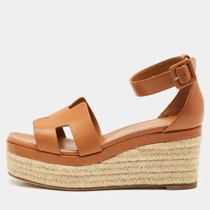 Hermes Brown Leather Elda Espadrille Wedge Sandals Size 38