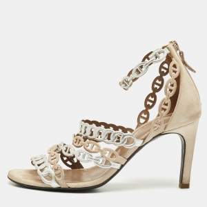 Hermes Silver/Beige Leather and Suede Chaine d'Ancre Ankle Strap Sandals Size 37.5