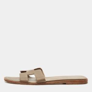Hermes Brown Leather Oran Flat Slides Size 39