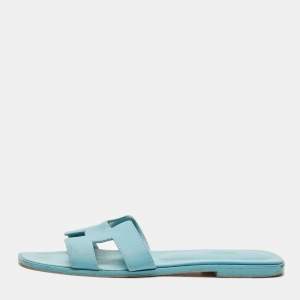 Hermes Blue Leather Oran Flat Slide Sandals Size 40