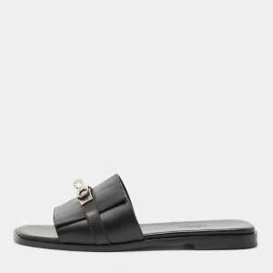Hermes Black Leather Gabriel Slide Sandals Size 37