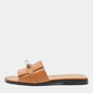 Hermes Brown Leather Gabriel Flat Slides Size 37