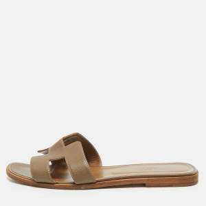Hermes Grey Leather Oran Flat Slides Size 39.5