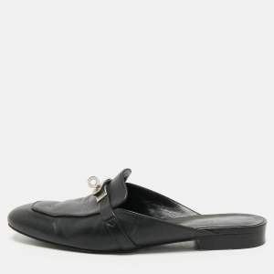 Hermes Black Leather Oz Flat Mules Size 39