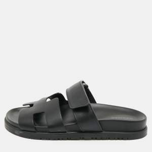 Hermes Black Leather Chypre Sandals Size 36