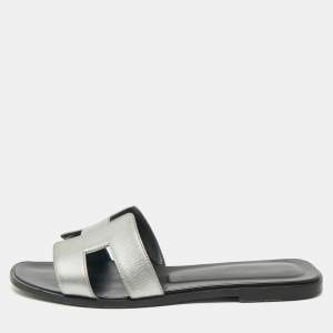 Hermes Silver Leather Oran Flat Slides Size 39