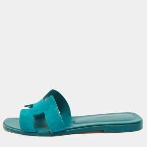 Hermès Teal Green Suede Oran Flat Slides Size 38