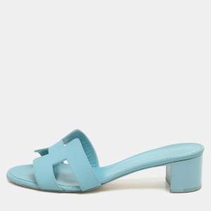 Hermes Blue Leather Oasis Slide Sandals Size 38.5