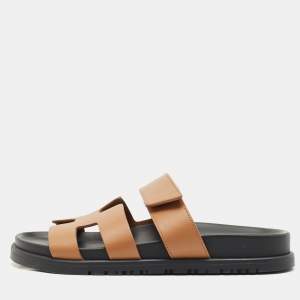 Hermes Brown Leather Chypre Sandals Size 36.5