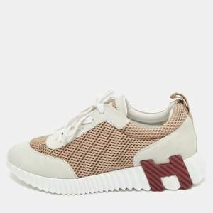 Hermes Grey/Beige Suede and Mesh Bouncing Sneakers Size 39