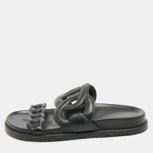 Hermes Black Leather Extra Flat Slide Sandals Size 36.5
