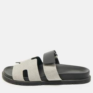 Hermes Grey/Black Canvas and Leather Chypre Sandals Size 40