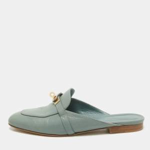 Hermes Blue Leather Gold Plated Oz Mule Sandals Size 40